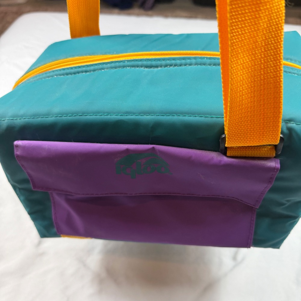 Vintage Igloo Soft Cooler Bag Teal Purple Yellow 90s Insulated Lunch Box Strap